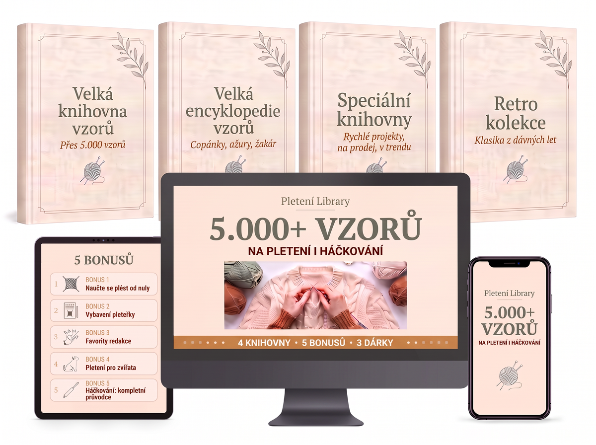 Pletení Library: 4 knihovny vzorů, náhled na počítači, tabletu a telefonu