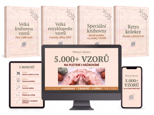 Pletení Library: 4 knihovny vzorů, náhled na počítači, tabletu a telefonu